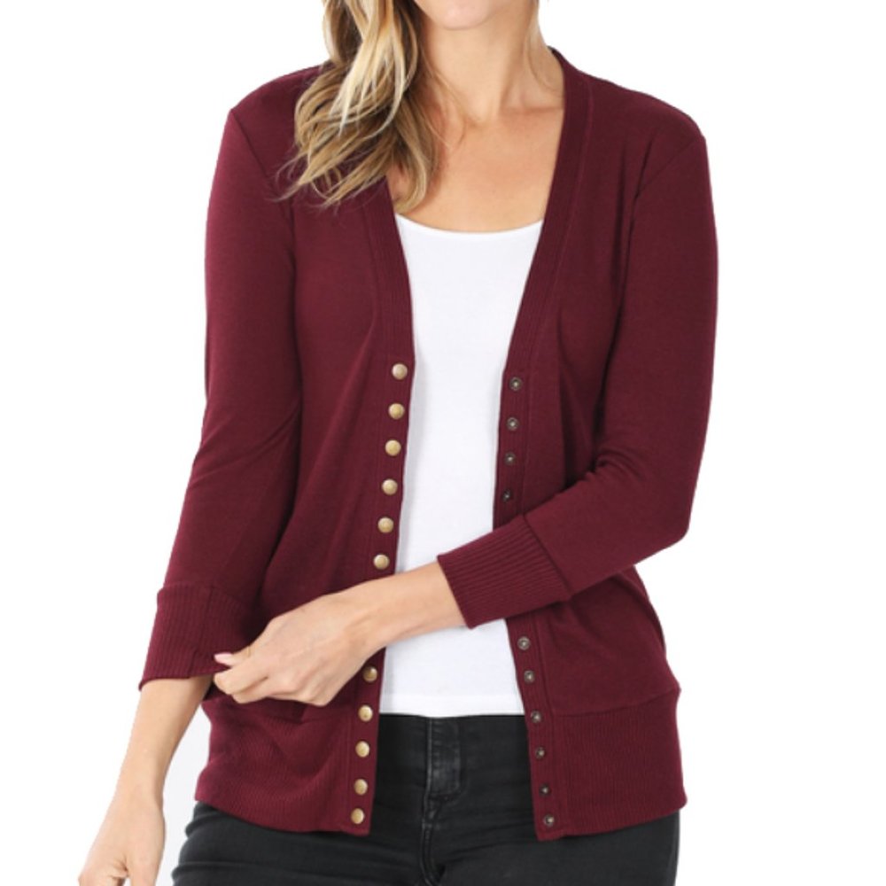 DARK BURGUNDY 3/4 Sleeve Snap Button Cardigan